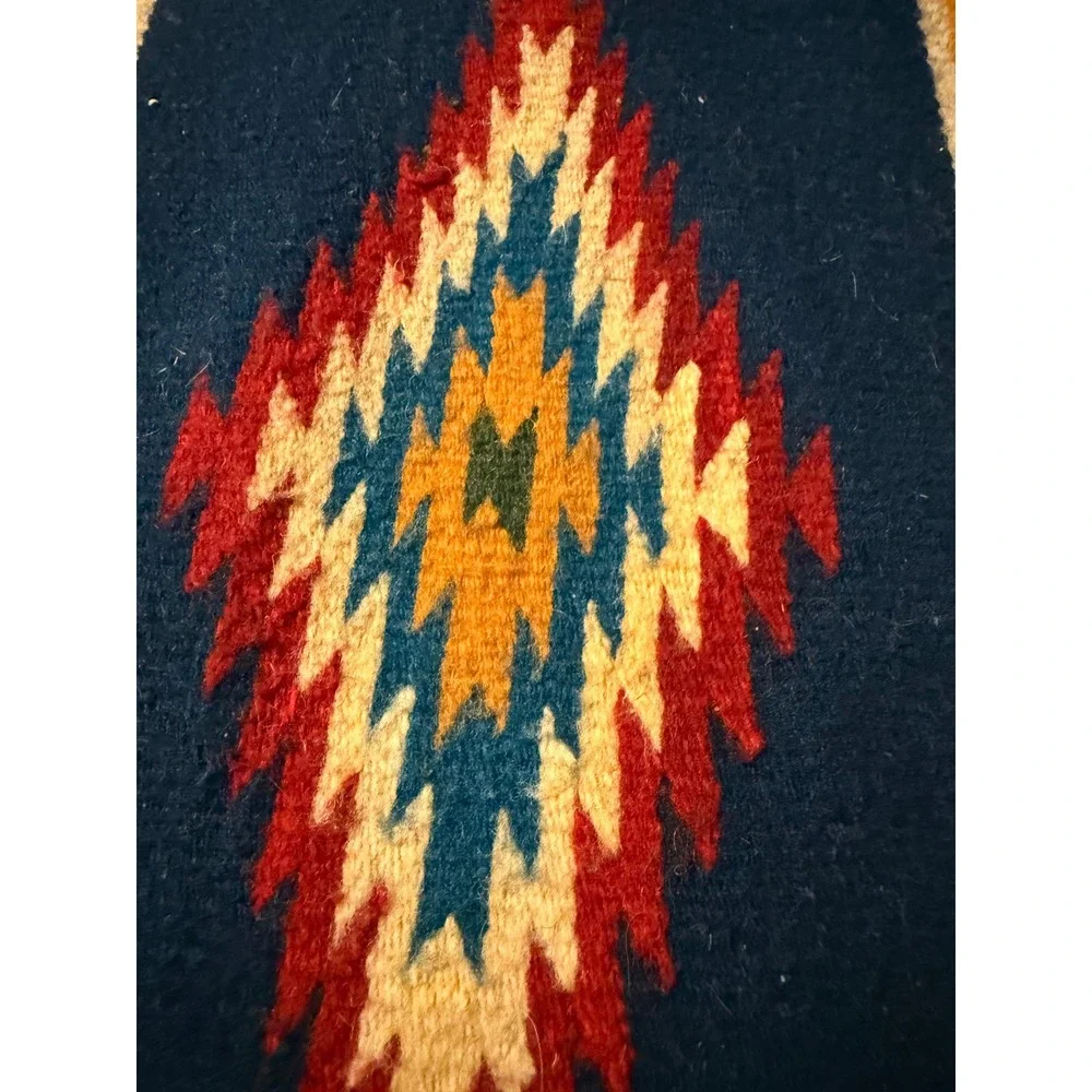 Vintage Zapotec Mexican Wool Tapestry Runner Blue Southwestern 100% Lana